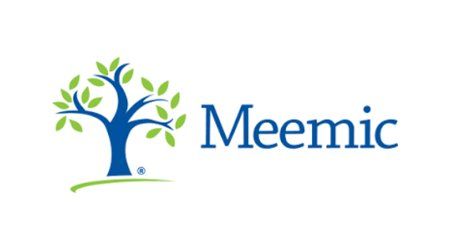 a blue and green logo for meemic with a tree on it