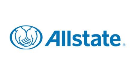 a blue allstate logo with two hands shaking each other on a white background .