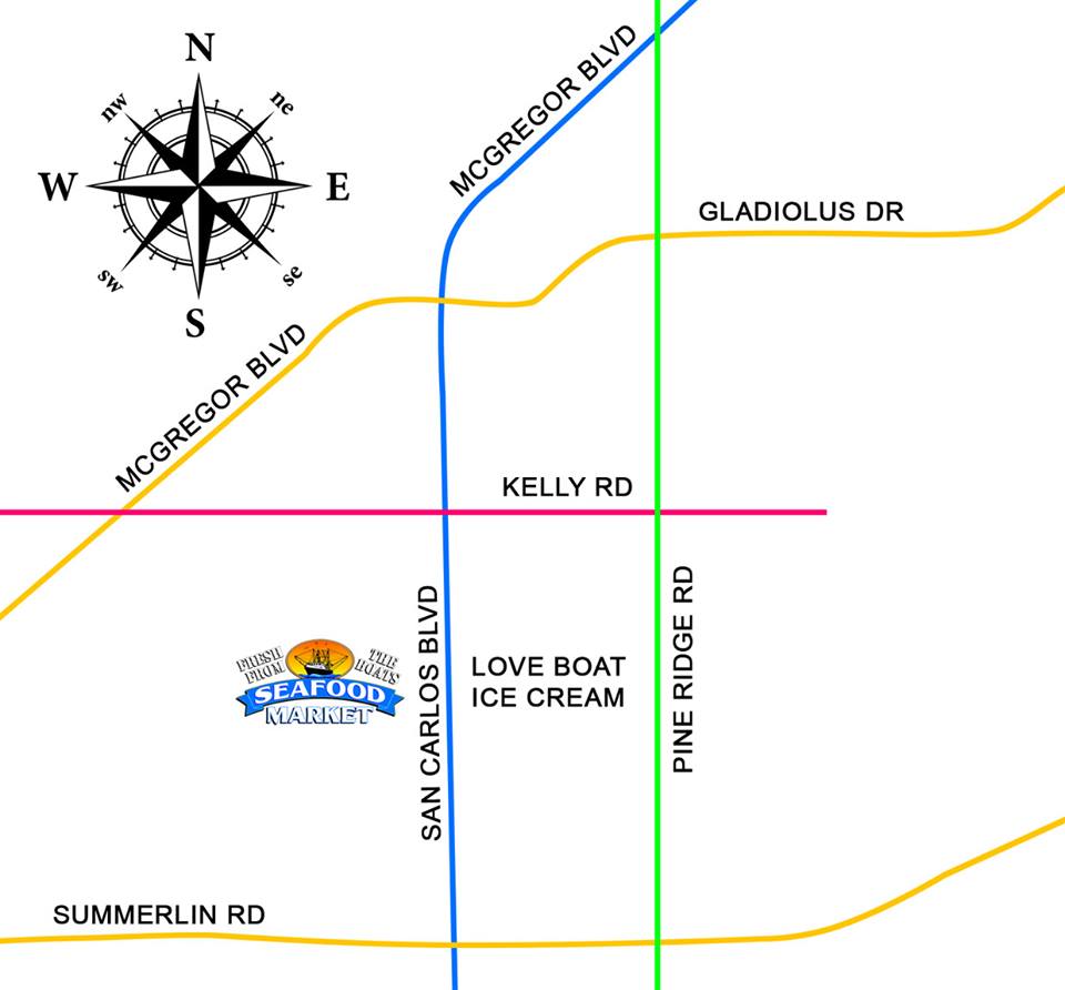 Map showing roads and landmarks: McGregor Blvd, San Carlos Blvd, Love Boat Ice Cream, Kelly Rd, Pine Ridge Rd.