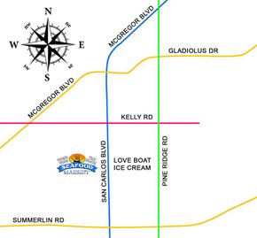 Map showing roads and landmarks: McGregor Blvd, San Carlos Blvd, Love Boat Ice Cream, Kelly Rd, Pine Ridge Rd.