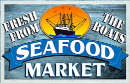 Seafood Market sign with a boat image; text reads