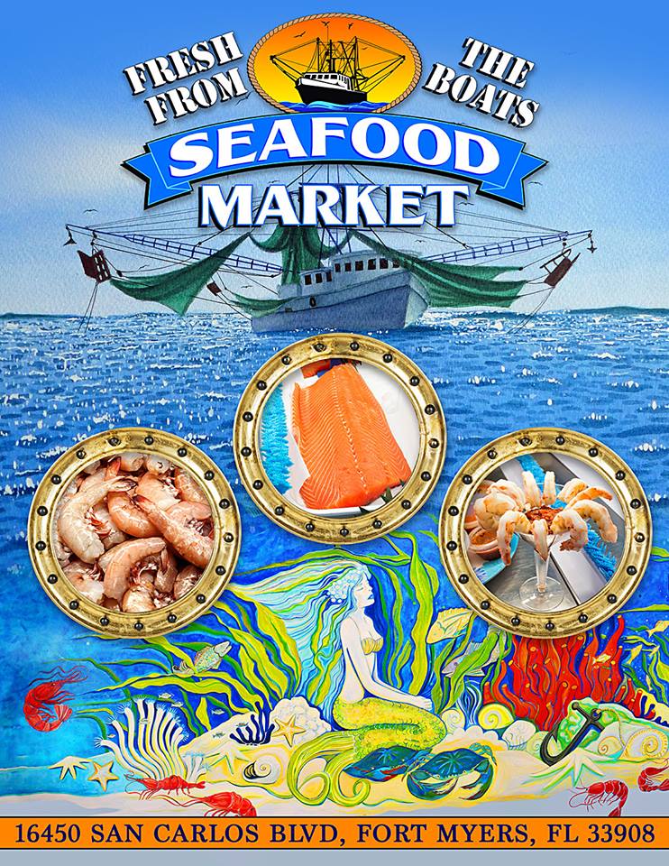 Seafood Market ad: boat, ocean, mermaid, shrimp, salmon, and crab. Located in Fort Myers, Florida.