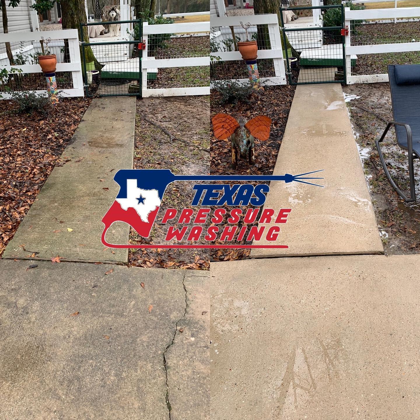 A before and after photo of a concrete walkway being cleaned by texas pressure washing.