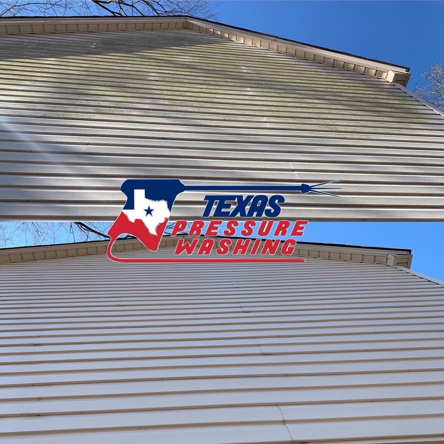 A before and after picture of a texas pressure washing house.