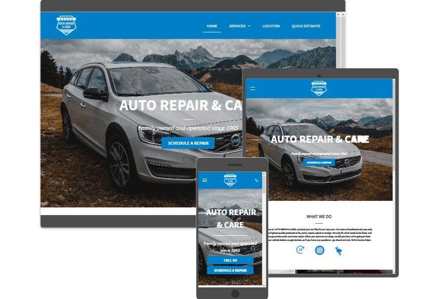 A website for auto repair and care is displayed on a computer , tablet , and phone.