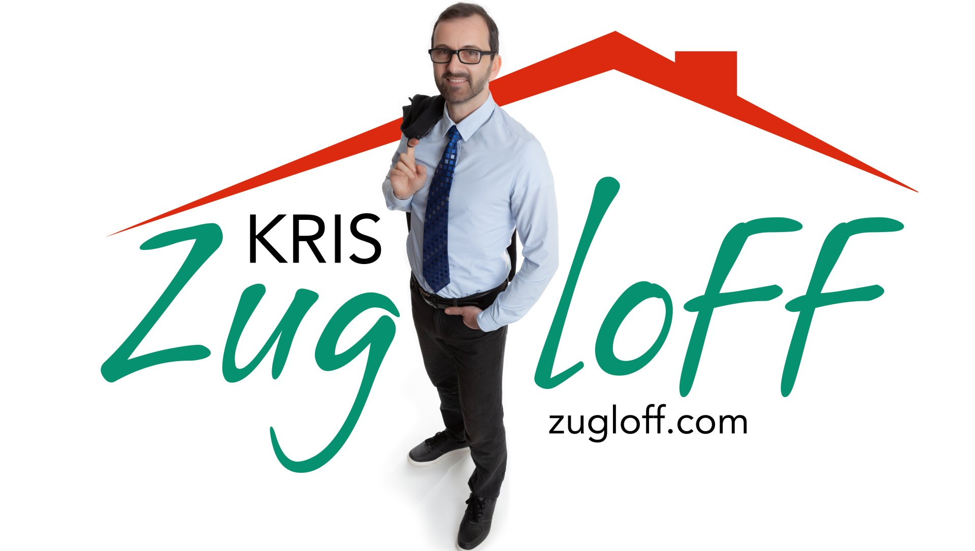 A man is standing in front of a kris zug loff logo