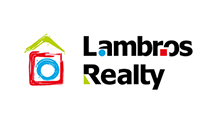 A colorful logo for lambros realty with a house and a camera.