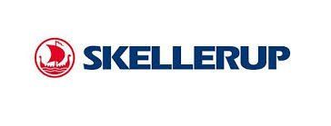 A blue and red logo for skellerup on a white background.