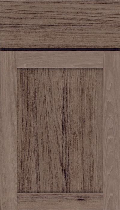 Wood-grain cabinet door with a horizontal top panel and light brown frame