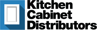 Kitchen Cabinet Distributors logo with blue cabinet icon and black text