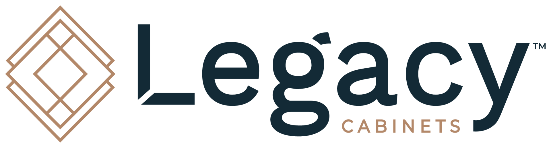 Legacy Cabinets logo in gold and navy with a geometric emblem