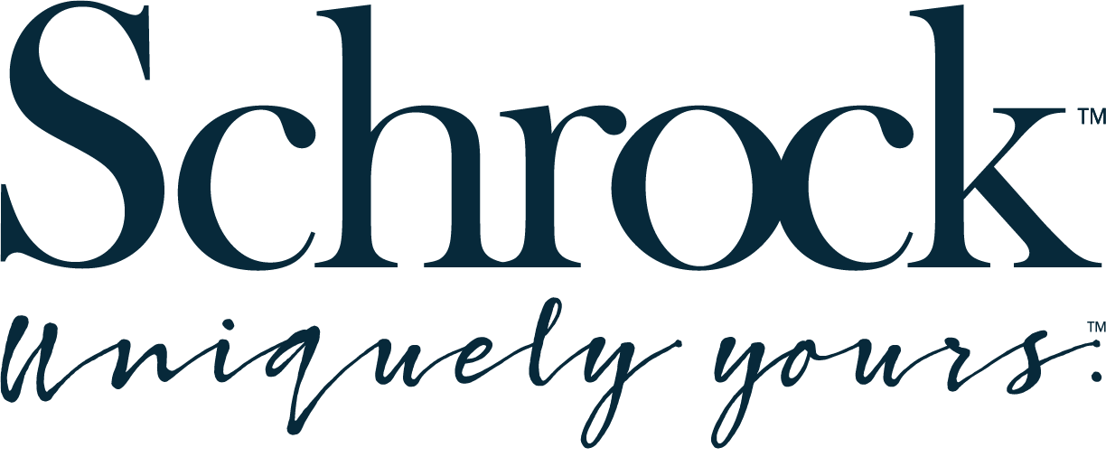 Schrock logo with the tagline “uniquely yours” in dark blue script and serif text