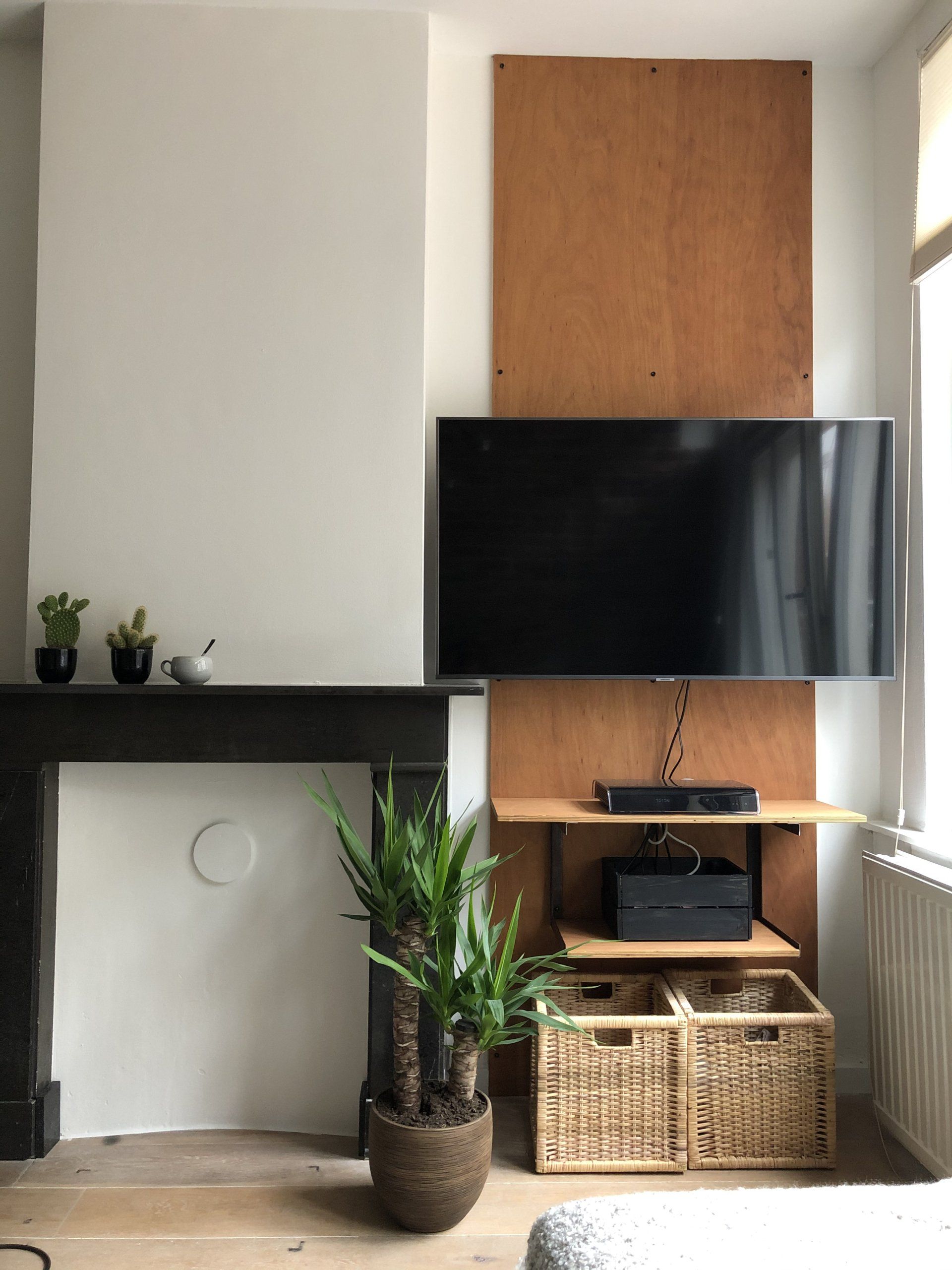 Woonkamer met een aan de muur gemonteerde tv, houten planken, open haard en planten.