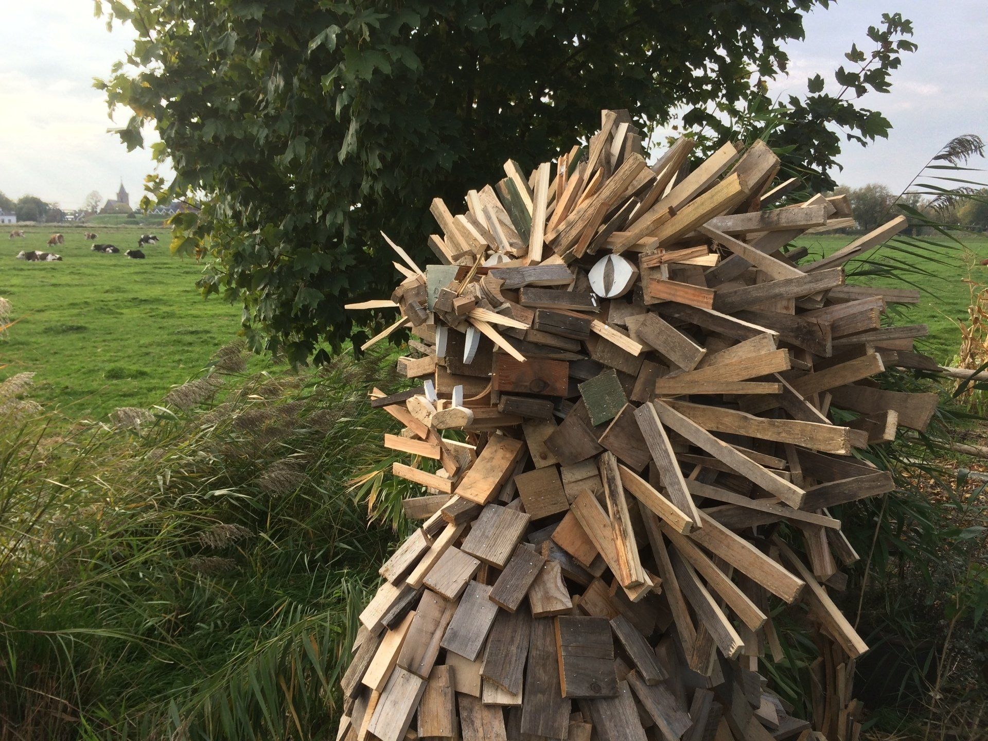 Houten sculptuur van een wezen gemaakt van kleine stukjes hout; op een grasveld met koeien op de achtergrond.