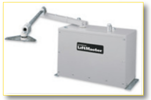 Commercial Swing Gate Operator — Guaranteed Door Service, Inc. White LiftMaster garage door opener motor unit with arm and wall-mounted bracket