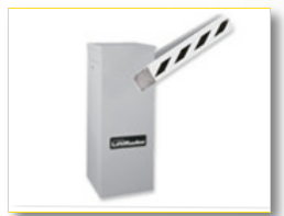 Commercial Barrier Gate Operator — Guaranteed Door Service, Inc. White parking gate barrier arm raised beside a gray control box
