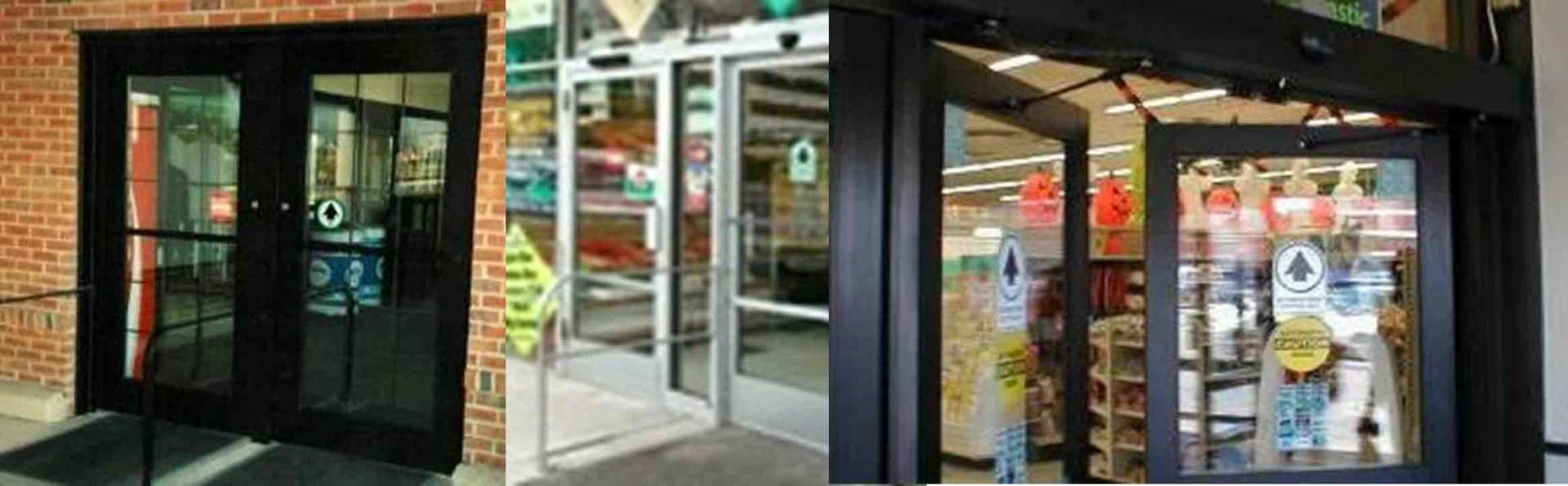 Automatic Door & Handicap Operetor — Guaranteed Door Service, Inc. Glass storefront entrance with dark metal framing and colorful signs inside and outside