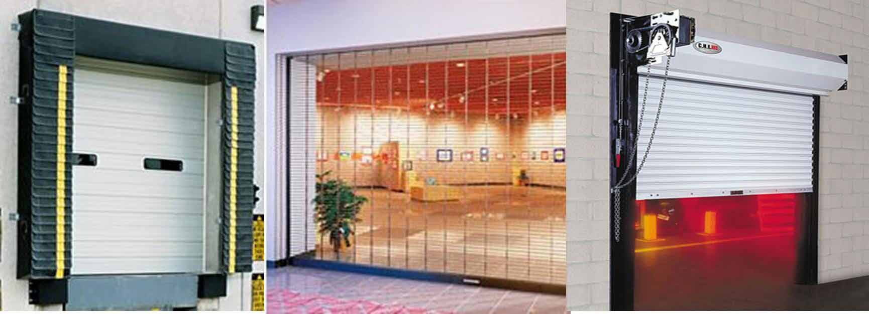 Roll Up Door System — Guaranteed Door Service, Inc. Three roll-up garage doors in different settings, including a lit commercial storefront and a red-lit industrial door
