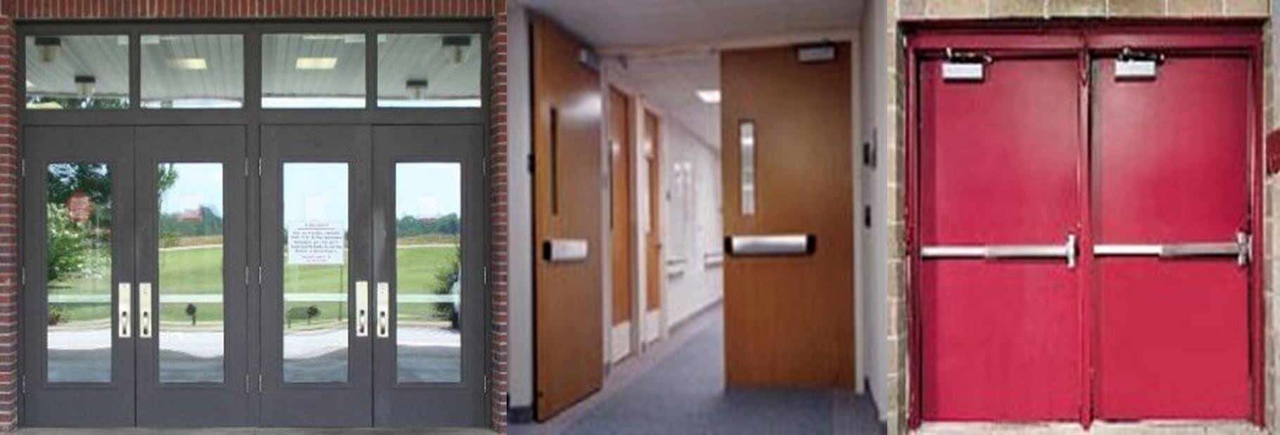 Hollow Metal Door System — Guaranteed Door Service, Inc. Three sets of entrance doors: glass, wood, and red double doors in a hallway.