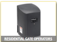 Residential gate operator box, dark gray with label on a white background
