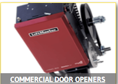 Commercial door opener with red housing and black mounting hardware on a white background.