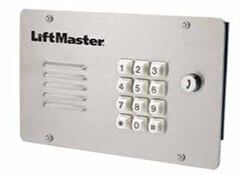 LiftMaster metal garage door keypad with backlit number buttons on a silver panel