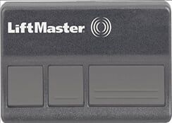 LiftMaster three-button garage door opener remote, black and gray.