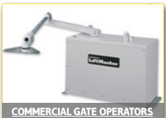 Commercial gate operator with gray control box and arm, LiftMaster logo, labeled “COMMERCIAL GATE OPERATORS”