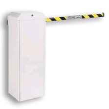 White parking barrier gate with black-and-yellow striped arm raised