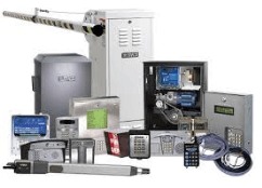 Assorted telecommunications equipment and cables, including phones, a server cabinet, and networking devices.