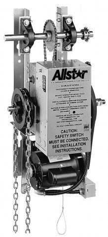 Commercial Garage Door Operator — Guaranteed Door Service, Inc. Steel chain hoist labeled Alstr, with chains, hooks, and hanging pull cord against a white background