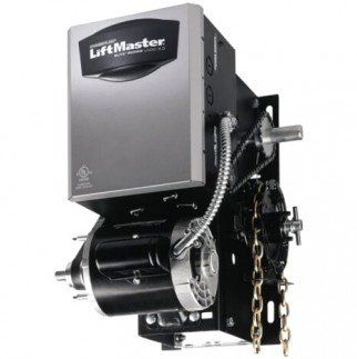 Commercial Hoist Operator — Guaranteed Door Service, Inc. LiftMaster garage door opener with black motor housing and chain drive mechanism