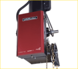Red electric chain hoist with black motor and hanging chain on white background