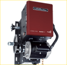 Red and black Lika Motors mechanical device with gears and shaft, mounted on a white background