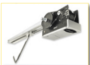 White metal garage door opener with hanging emergency release cord on a white background