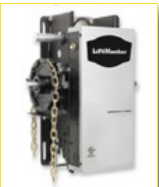 Silver LiftMaster garage door opener with black chain mechanism and control unit on white background