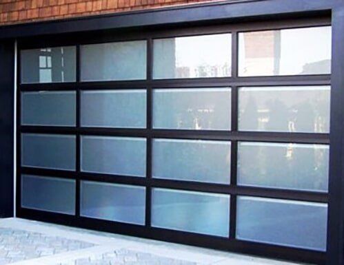 Modern black-framed frosted glass garage door with horizontal panel windows