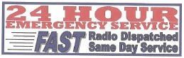 24 Hour Emergency Service 24-hour emergency service sign for fast radio dispatch and same-day service in red, blue, and black text
