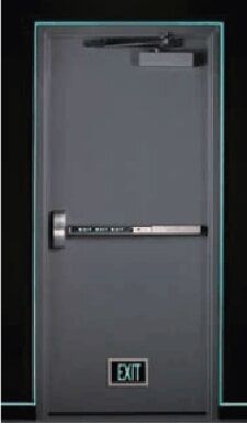 Gray emergency exit door with push bar, overhead closer, and illuminated EXIT sign.