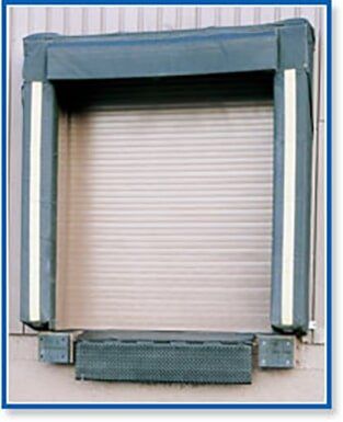 Blue-framed roll-down window shade with a gray slatted blind and lower mesh vent