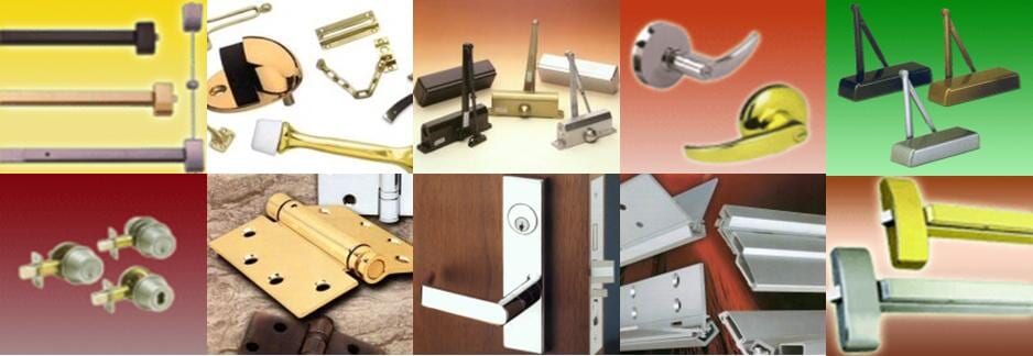 Commercial Door Repair Equipments — Guaranteed Door Service, Inc. Collage of furniture and hardware parts with metal brackets, hinges, and wooden fixtures on a green background
