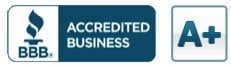 BBB BBB Accredited Business logo with A+ rating in blue and white