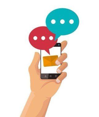 A hand is holding a cell phone with speech bubbles coming out of it.