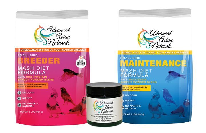 A bag of breeder mash diet formula and a jar of maintenance mash diet formula.