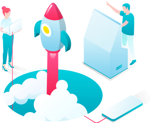 A man and a woman are standing next to a rocket flying through the air.