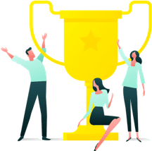 A group of people are standing around a trophy.