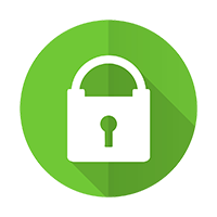 A white padlock in a green circle with a long shadow.