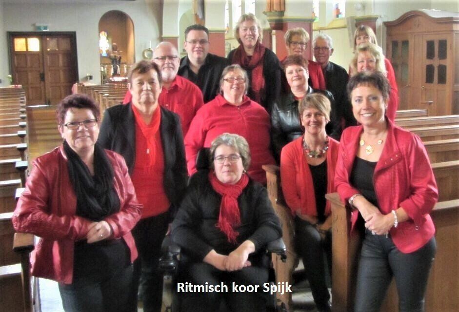 Group in red tops; some in a church. Text: 