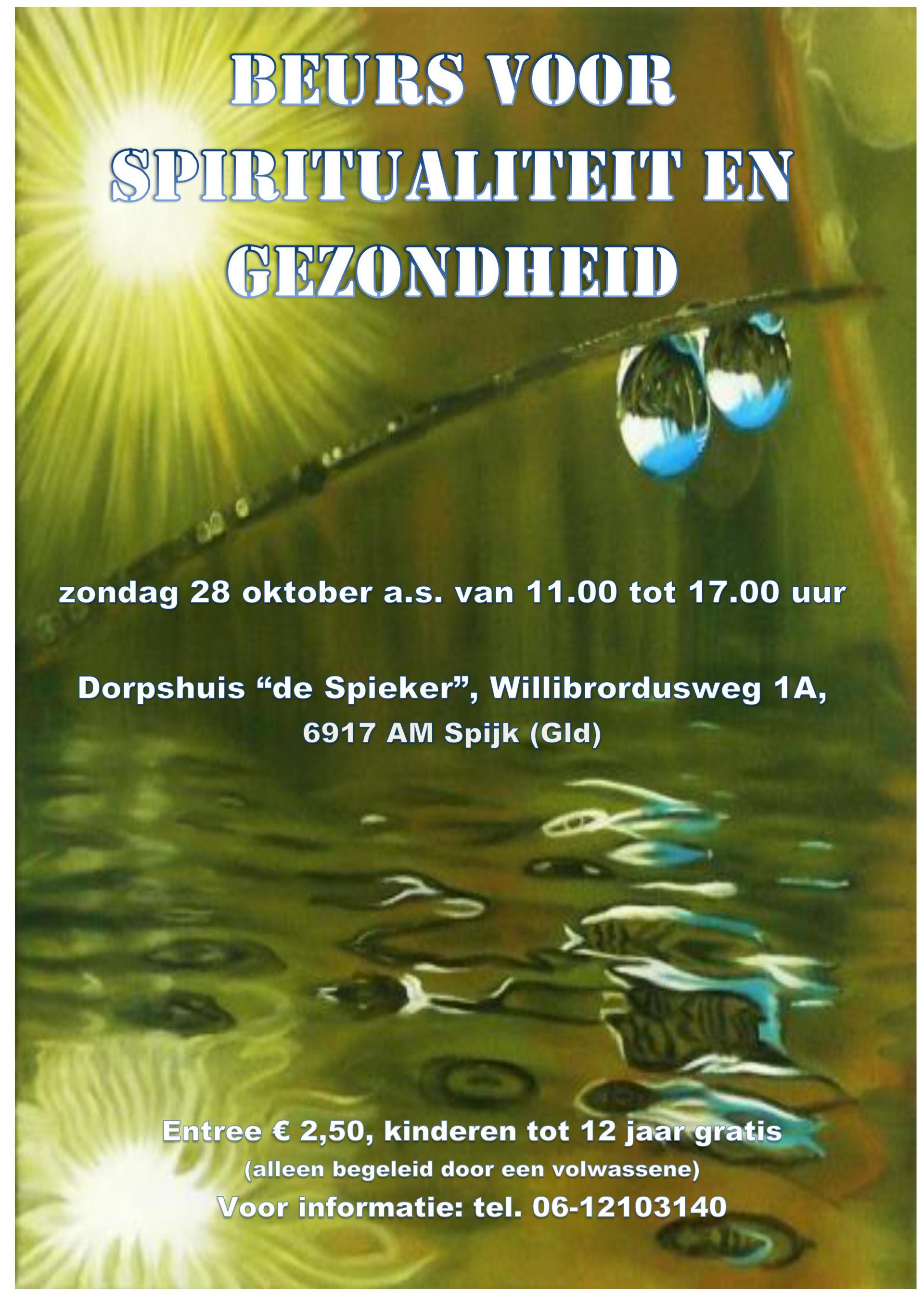 Poster for a health and spirituality fair in Spijk, Netherlands, with a water and sunlight background, October 28th.