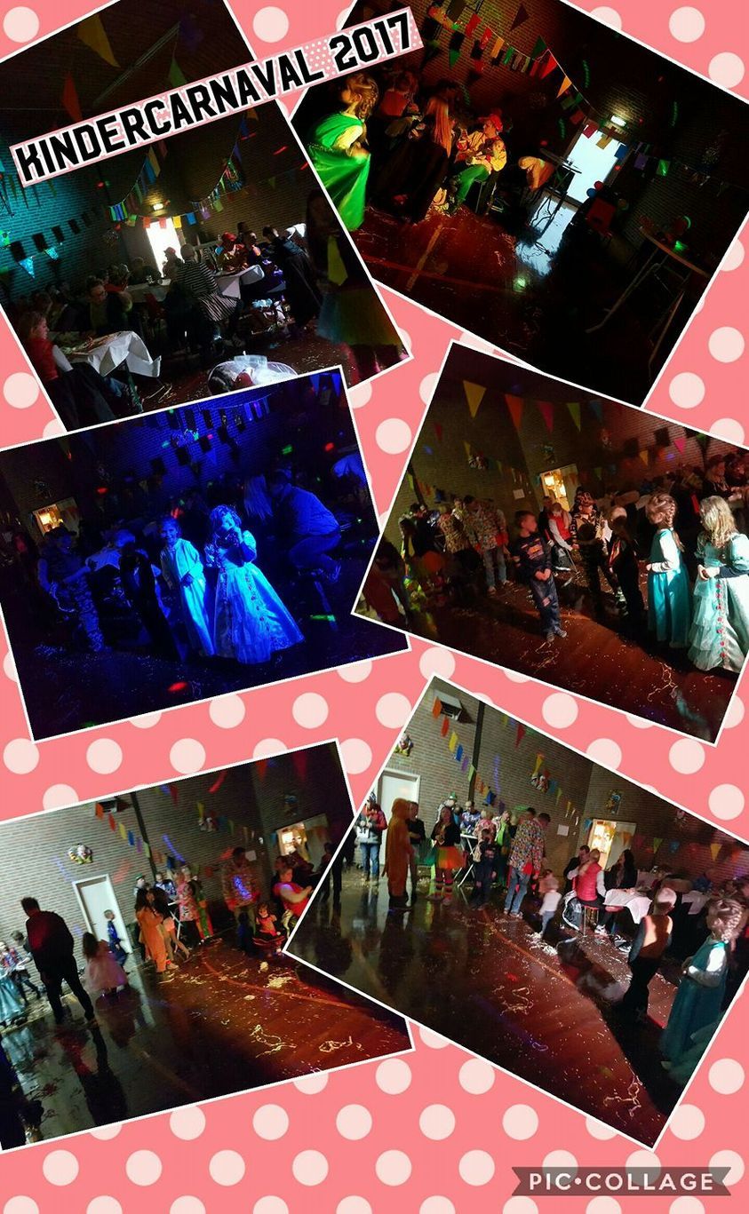 Collage of photos from a children's carnival in 2017; people dancing in a hall with colorful lights.